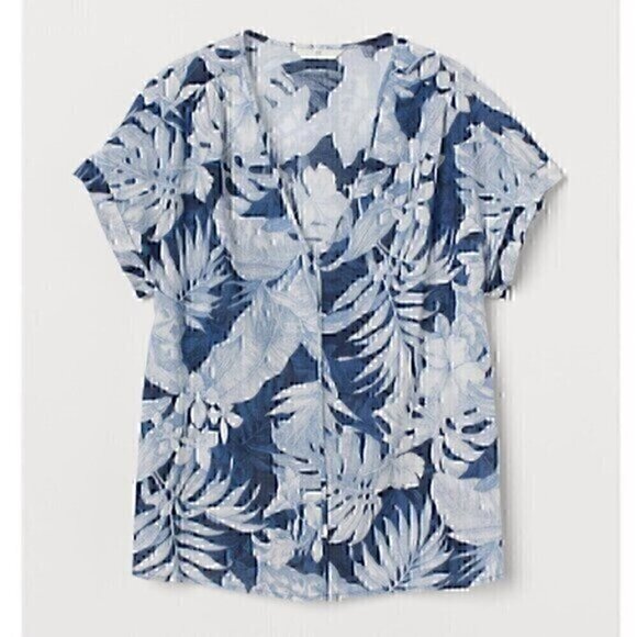 H&M L.O.G.G. V-Neck Cotton Blouse Blue Tropical Hawaiian Floral Leaf Leaves Boho - Picture 1 of 12